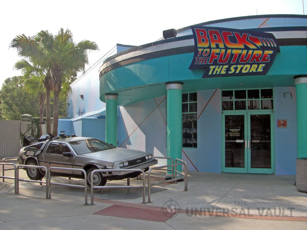 Back to the Future Store at Universal Studios Florida with a DeLorean time machine displayed outside the entrance.