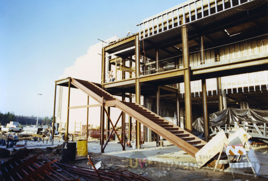 Nickelodeon Studios under construction at Universal Studios Florida, with the iconic exterior staircase taking shape in the foreground.