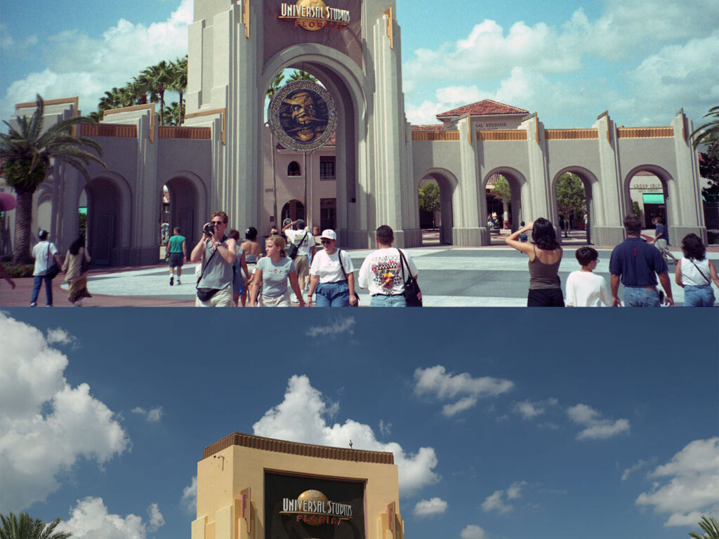 Universal Studios Florida entrance in 1999 and 2024, showing changes to the entrance arch, colour scheme, signage, landscaping, and plaza.